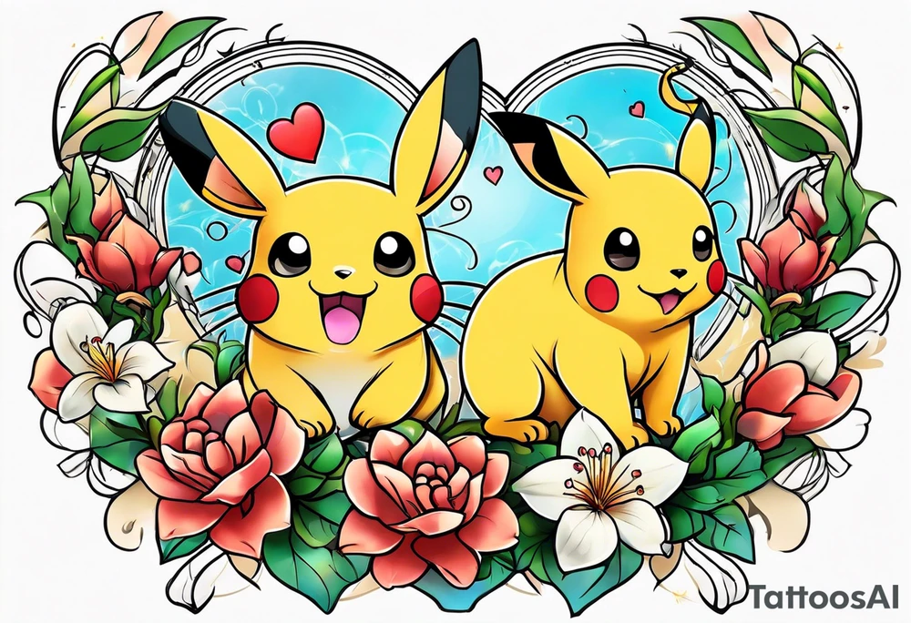 Pickachu and lioness with lilies hearts and music notes tattoo idea