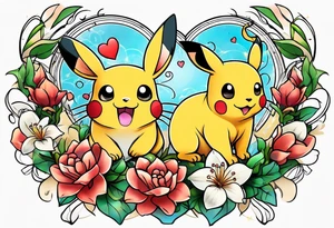 Pickachu and lioness with lilies hearts and music notes tattoo idea