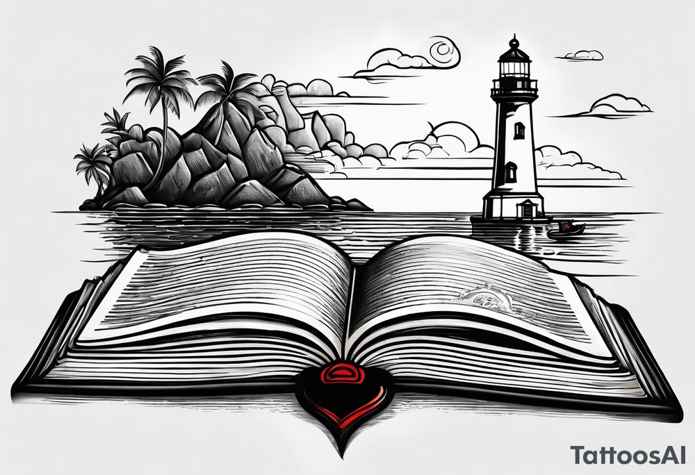 lighthouse shining light onto open book tattoo idea