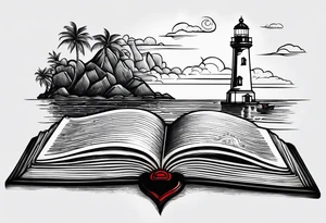 lighthouse shining light onto open book tattoo idea