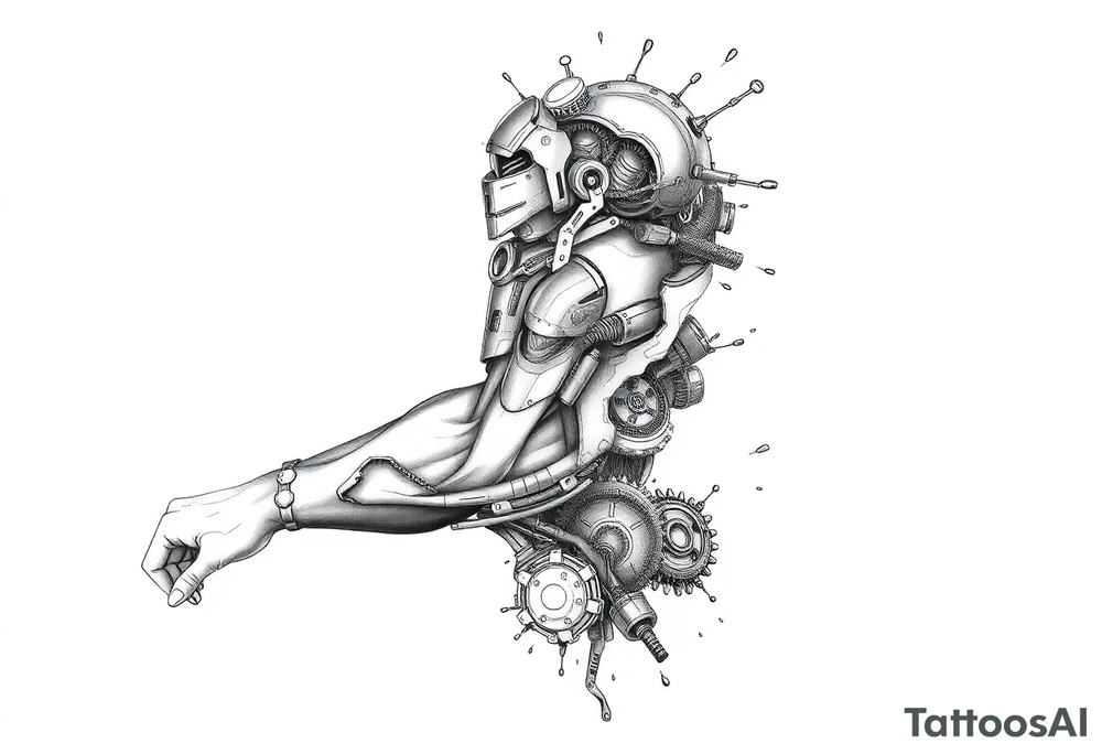 A full sleeve tattoo design for the right arm that starts at the hand and extends up to the right pectoral. The design features a melted skin effect, revealing detailed robotic parts and mechanical components underneath. The melted skin appears torn and organic, seamlessly transitioning to intricate gears, wires, and futuristic machinery beneath, creating a striking fusion of human and robotic elements. tattoo idea