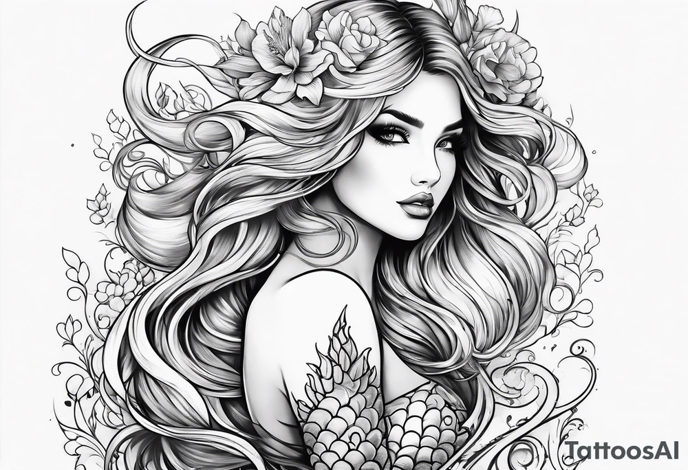 sexy full bodied mermaid with long 
flowing tail and hair, tattoo sleeve tattoo idea