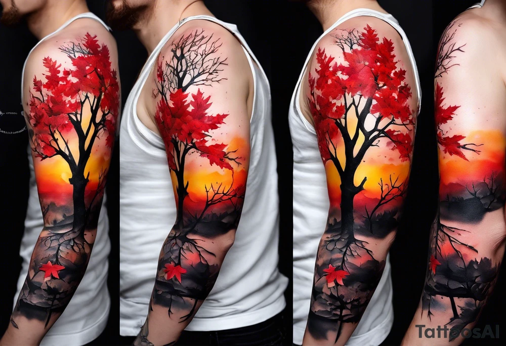 trash polka style. Arm tattoo. chest tattoo. Long tattoo. large tattoo. Full sleeve. Shoulder. A single large maple tree with red autumn leaves that branches upwards from wrist to shoulder. White-throated dipper bird on the trees branches. Calluna flowers at the base of the trees stem. Red/yellow sunset behind the trees stem. Leaves falling. tattoo idea