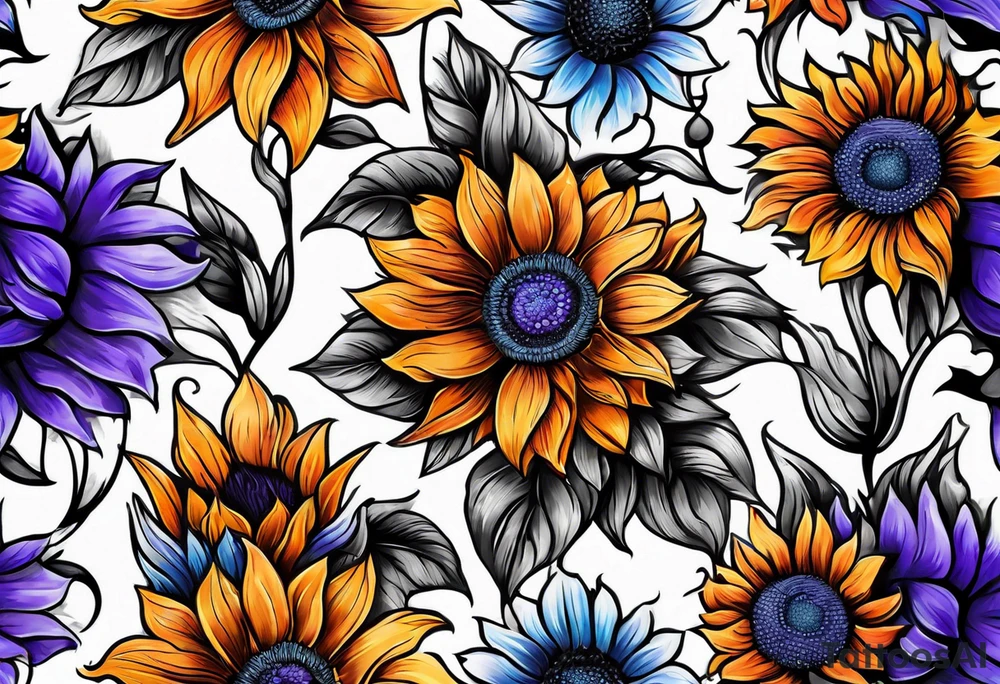 Full arm sleeve with purple, orange and blue sunflowers tattoo idea