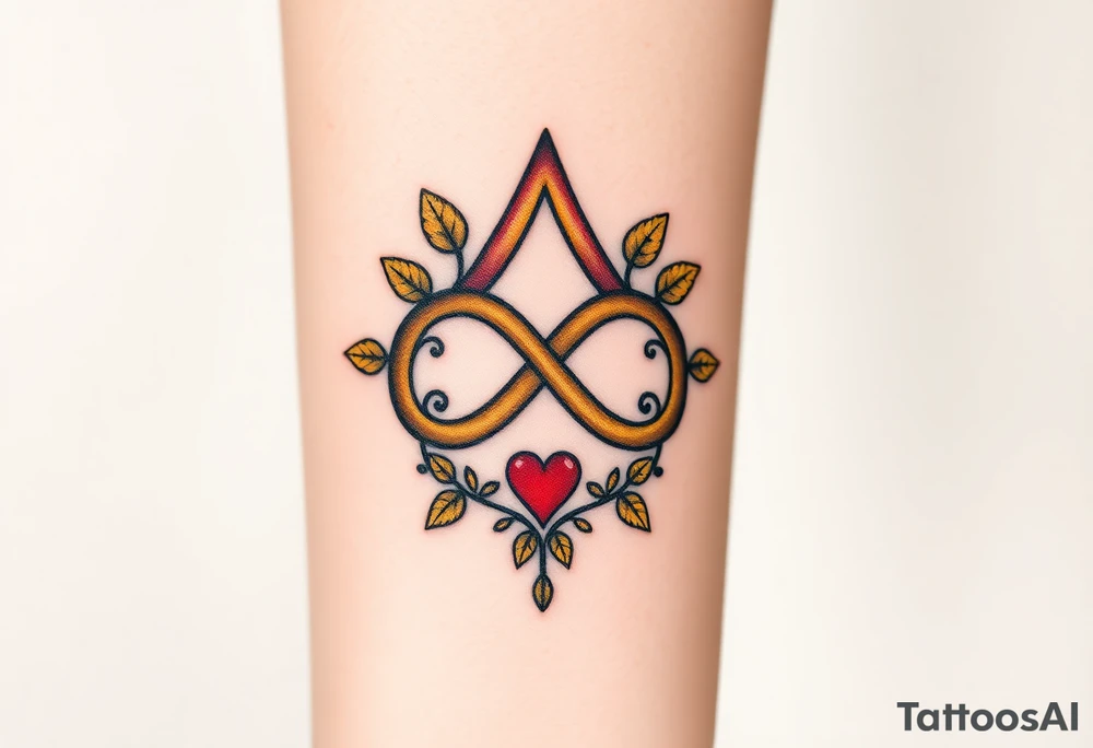 A infinity symbol adorned with golden leaves and a tiny red heart tattoo idea