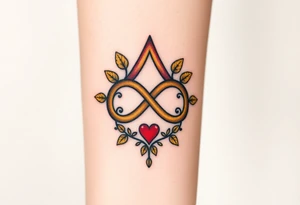 A infinity symbol adorned with golden leaves and a tiny red heart tattoo idea