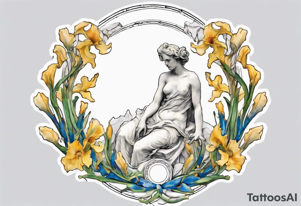 Create a colorful Vincent van Gogh Irises tattoo with an ancient Greek female statue in the middle in white marble. The tattoo should take the form of a crescent, with vines gracefully intertwining at a central point in the middle of the wreath.  The intended placement is on the upper chest. The overall design should be small in size while maintaining a delicate and artistic aesthetic. Pay attention to the graceful flow of the vines and the placement of the irises to achieve a refined and elegant look. tattoo idea