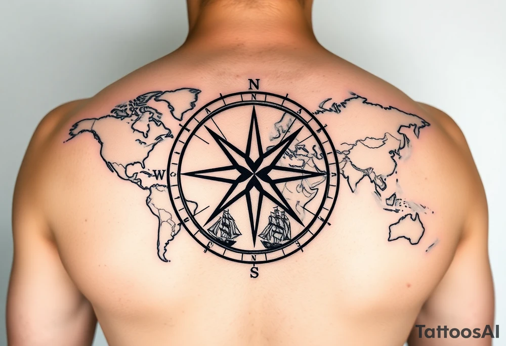 antique compass rose overlaid on weathered world map with sailing ships tattoo idea