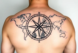 antique compass rose overlaid on weathered world map with sailing ships tattoo idea