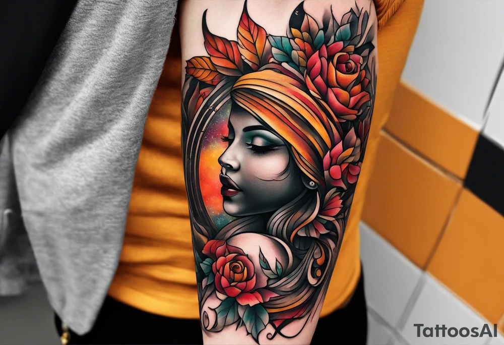 Arm Sleeve Tattoo with fall colors flat tattoo idea