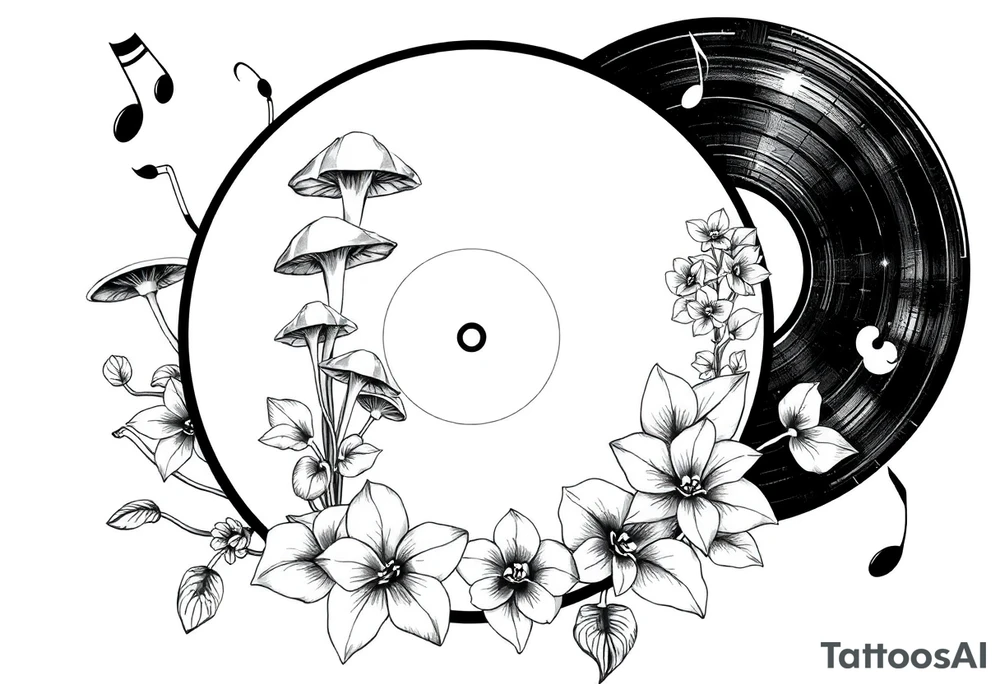 one black and white vinyl record with mushrooms, orchids, and music notes around it tattoo idea