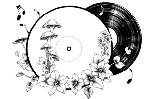 one black and white vinyl record with mushrooms, orchids, and music notes around it tattoo idea