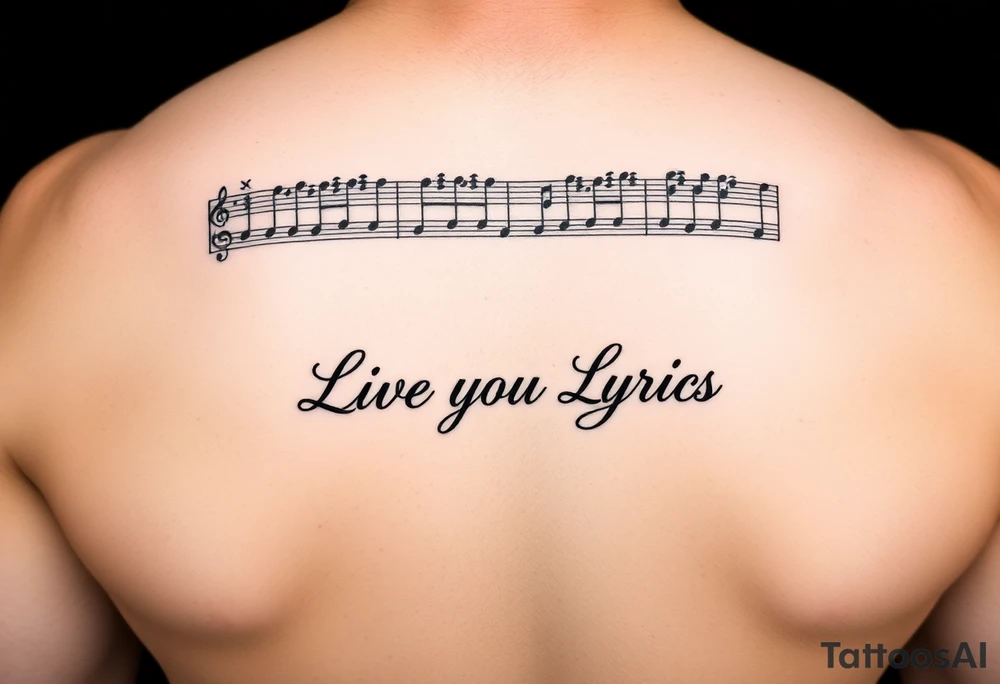 sheet music from the beginning of Santana's song  Samba Pa Ti with the phrase "Live Your Lyrics"  in Fancy cursive between the top and bottom Stave tattoo idea