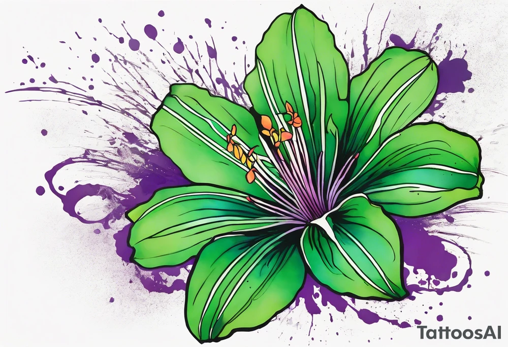 An outline of an only green rio dipladenia flower and a green/purple watercolor splash in the background tattoo idea