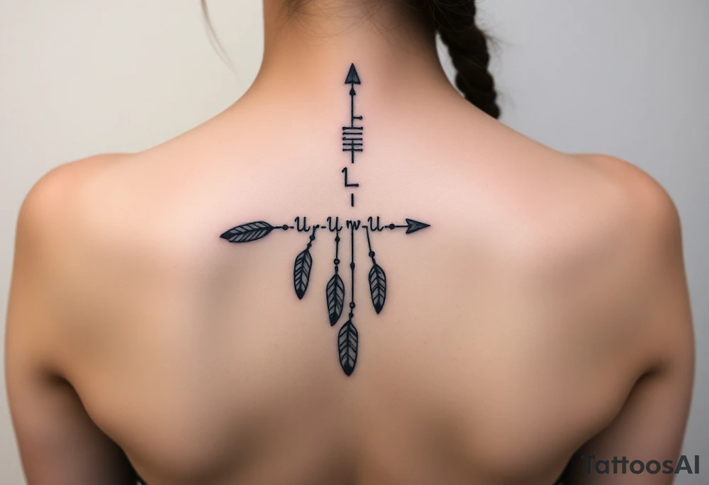 Thin spinal tattoo following down the spine in a native style with multiple different lengths flowing lines made of a discreet connection of morse code ".--- .- --.     .-.. ... -.- .- .-.   -.. .. --.     .-.. .. .-.. .-.. . -... .-. --- .-. forming an arrow connected to flowing feathers hanging from the morse code lines tattoo idea