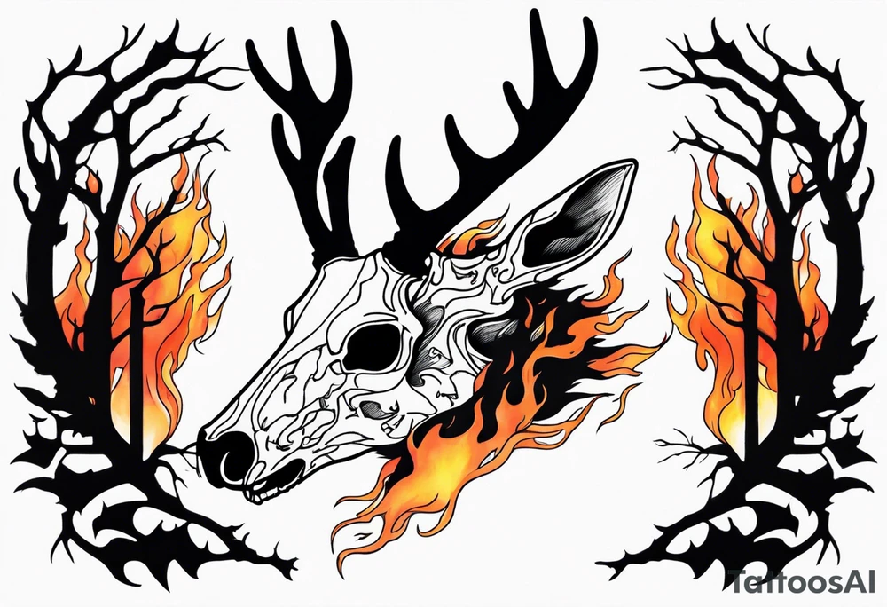 side profile of a DECAYING deer skull JUST BONE surrounded by a flames and trees tattoo idea