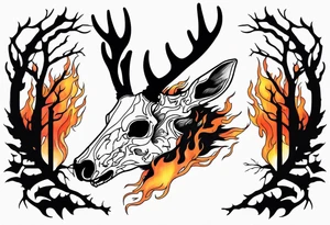 side profile of a DECAYING deer skull JUST BONE surrounded by a flames and trees tattoo idea