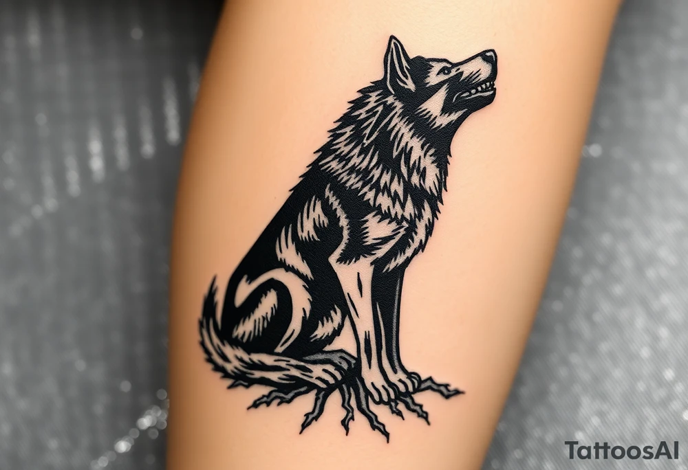 Powerful dark side black woof, sitting with roots, waiting to be unleashed on lower leg tattoo idea