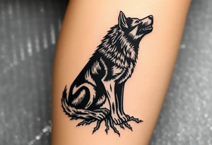 Powerful dark side black woof, sitting with roots, waiting to be unleashed on lower leg tattoo idea