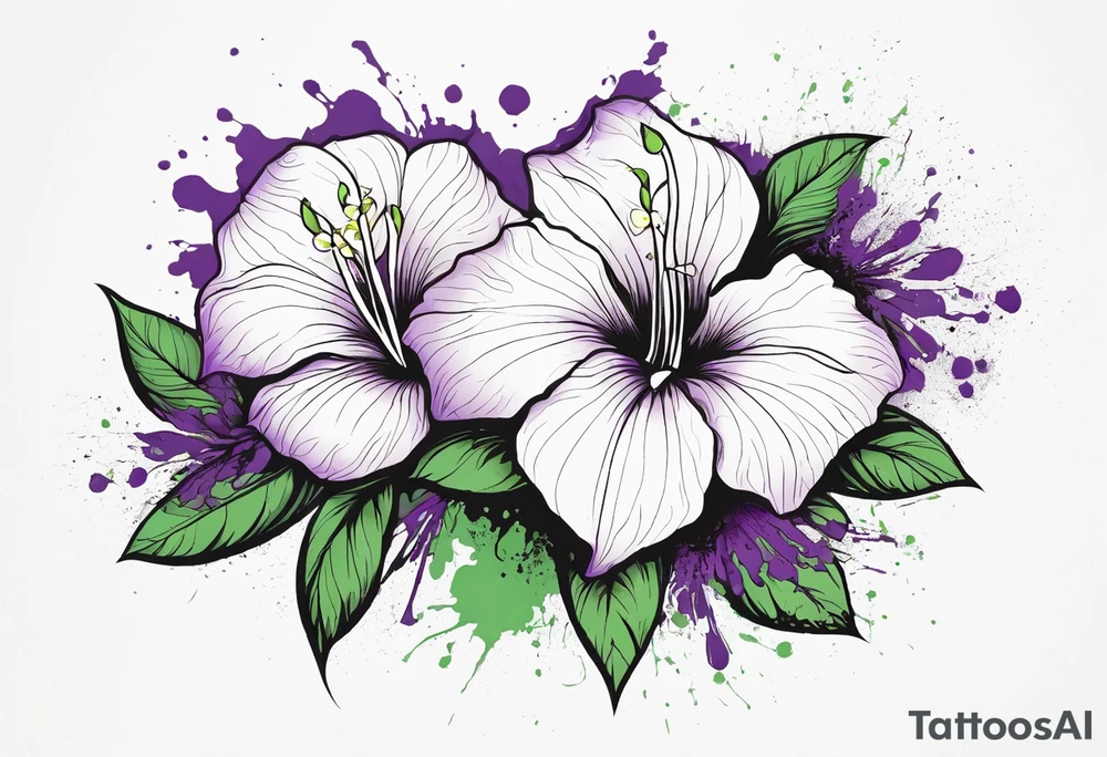 An outline of a rio dipladenia flower with a splatter green and purple behind it tattoo idea