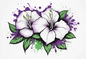 An outline of a rio dipladenia flower with a splatter green and purple behind it tattoo idea