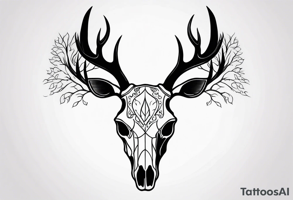 side view of a deer skull JUST BONE surrounded by a flames and trees tattoo idea