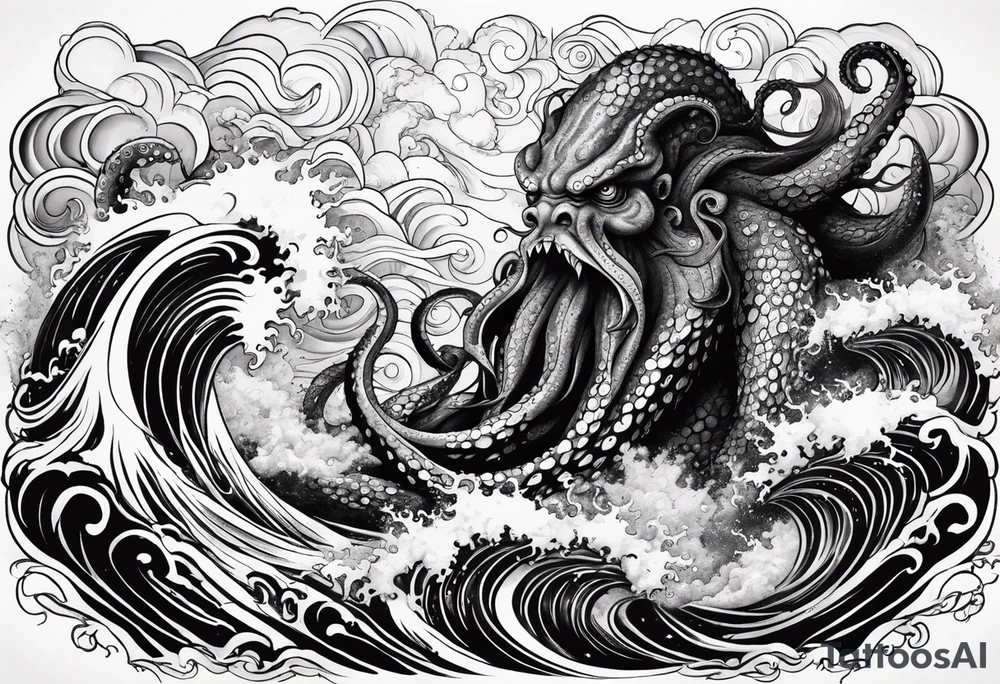 A vicious octopus monster underwater ensnaring the Greek god Poseidon as he thrust his trident into the beast. Turbulent storm with lightning & waves crashing tattoo idea