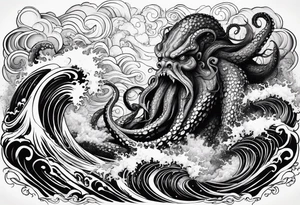 A vicious octopus monster underwater ensnaring the Greek god Poseidon as he thrust his trident into the beast. Turbulent storm with lightning & waves crashing tattoo idea