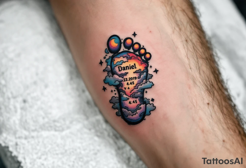 Tiny footprint with the name "Daniel" and 23.1.2019 v 4:45, surrounded by gray and light blue clouds. tattoo idea