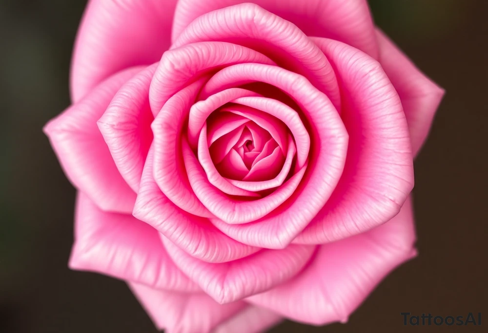 The pink rose appears as if viewed through a mesmerizing kaleidoscope, with its delicate petals radiating outward in a perfectly symmetrical, fractal-like pattern. Shades of soft blush and vibrant magenta blend seamlessly, creating a hypnotic, almost surreal visual effect that draws the eye deeper into its intricate layers. The petals seem to fold and reflect infinitely, forming geometric shapes that shift and transform, giving the rose an ethereal, dreamlike quality. tattoo idea