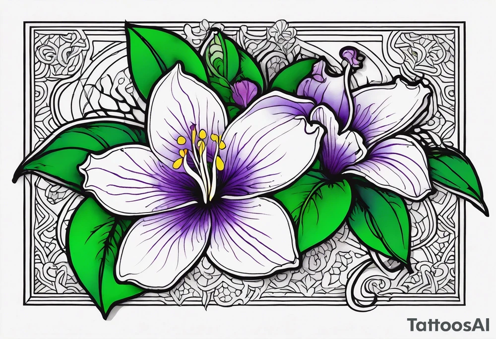 A mystical outline of a rio dipladenia flower and a green/purple watercolor splash in the background tattoo idea