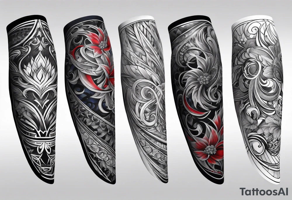 Full Arm sleeve, black, gray, silver, red, royal blue tattoo idea
