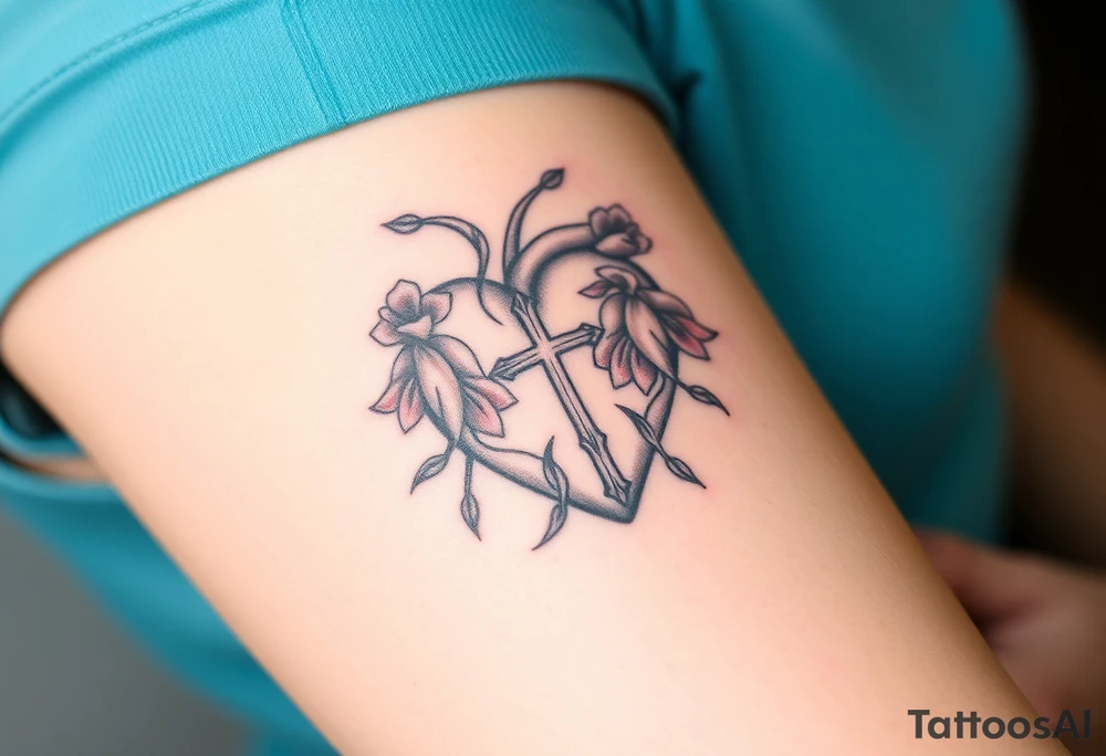 tattoo with heart
: one side representing death and the other life. (from death to life) with a simple cross down the middle. The life side I'd like the following flowers growing out of it: Morning Glory, Lily of the Valley, Daffodil, Rose, Poppy, and Iris tattoo idea