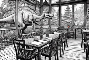 Realistic dinosaurs, reading and sitting on chairs, at small rustic tables, with lots of fronds tattoo idea