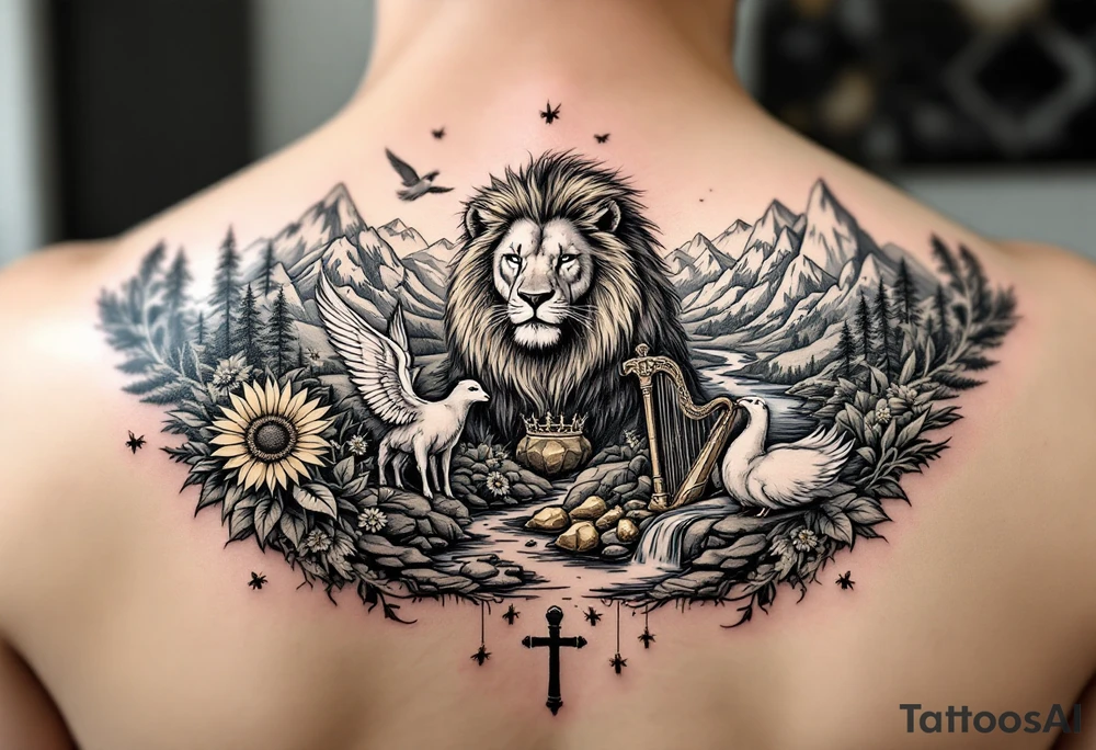 In beautiful heavenly mountain scene with streams and lakes a majestic lion interacts and protects a dove, a lamb,  a sunflower, a harp, a golden nugget, an ancient hammer, a crown, and honeybees tattoo idea