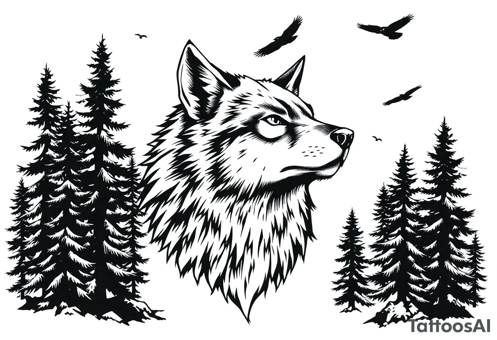 Wolf head surrounded by large pine trees growing from black ground and small ravens flying overhead tattoo idea