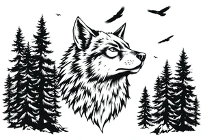 Wolf head surrounded by large pine trees growing from black ground and small ravens flying overhead tattoo idea