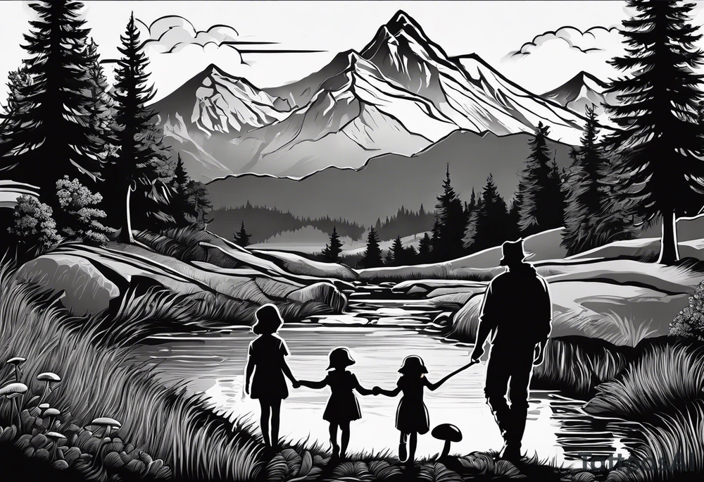 Family silhouette father, mother, son, 2 daughters foraging mushrooms with mountains and creek in background tattoo idea