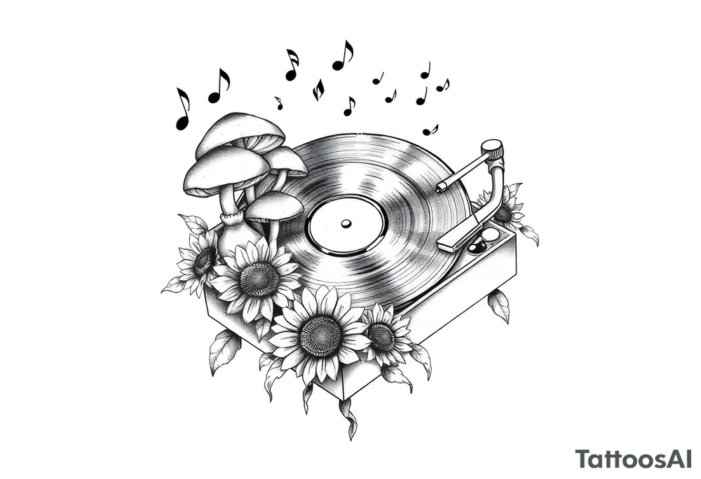 vinyl record player with mushrooms, sunflowers, and music notes around it tattoo idea