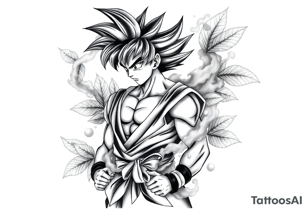 Tattoo design of Son Goku with smoke flowing through his body, surrounded by leaves in negative space effect, featuring soft shading around the edges and dotwork shading inside, with multiple contrast levels throughout. Highly detailed, intricate design with dynamic composition, emphasizing the interaction between the smoke and character, with the negative space leaves creating depth and balance. Professional tattoo art style with clean lines and sophisticated shading techniques. tattoo idea