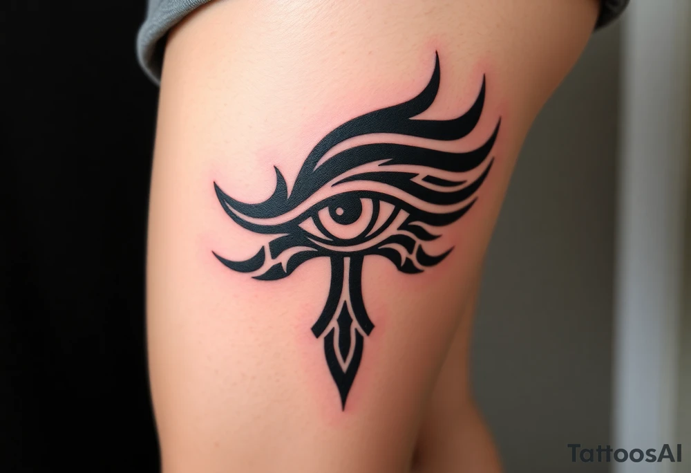 A tribal-style Eye of Horus, with bold black ink and subtle red highlights, inspired by ancient warrior markings tattoo idea