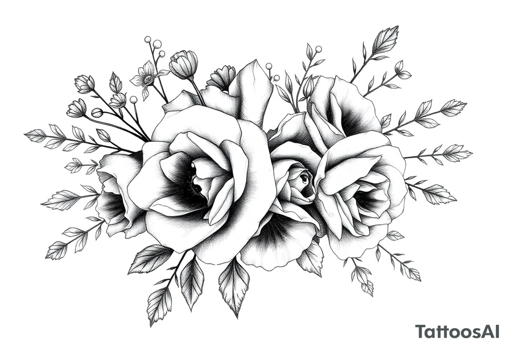 vintage bouquet of wild roses and meadow flowers with morning dew tattoo idea