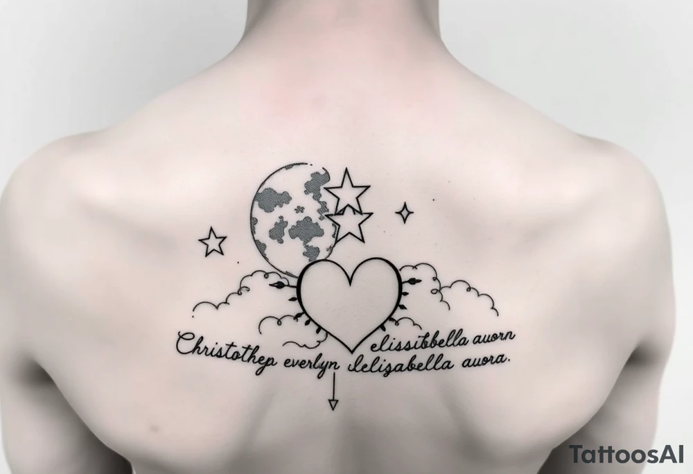 moon and a star and a heart and clouds with the names Christopher everlyn elisabella auora tattoo idea