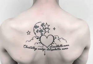 moon and a star and a heart and clouds with the names Christopher everlyn elisabella auora tattoo idea