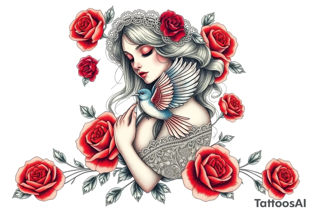 Vintage dollies, red roses, lace, red bird, vintage, wrap around, no women tattoo idea