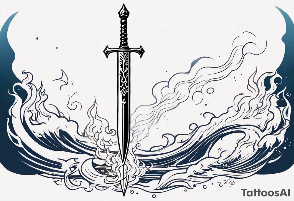 refined, detailed drawing of the Master Sword with the blade partially wrapped in ethereal elemental symbols: flames licking up one side, water flowing down the other, roots climbing the hilt, and wind swirling around the tip. The elements are subtly integrated, creating a harmonious design. tattoo idea