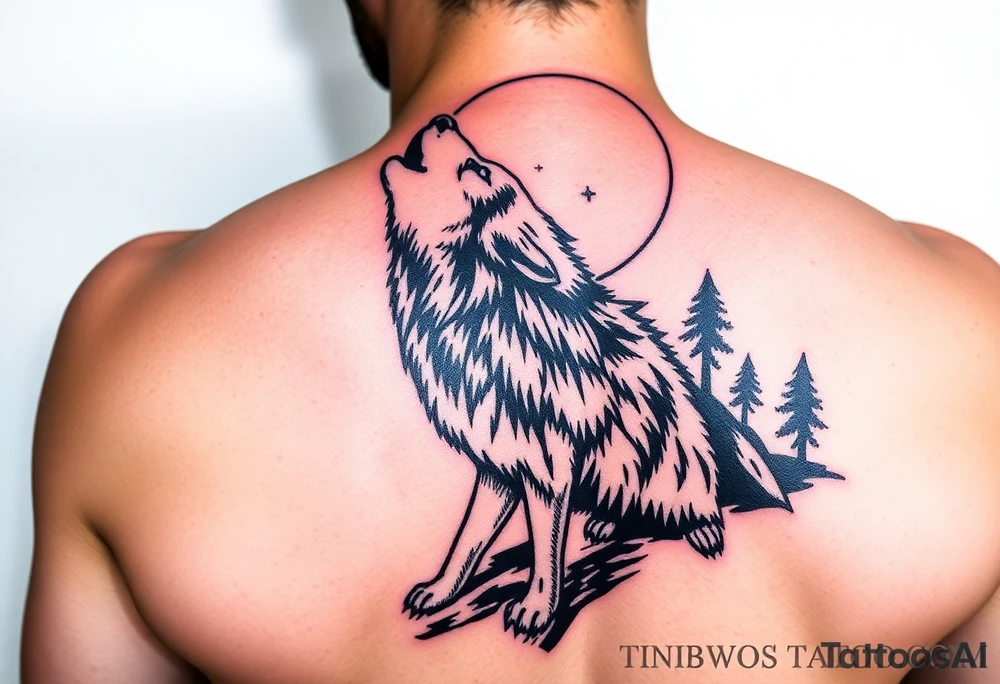 lone wolf howling at full moon with northern lights backdrop tattoo idea
