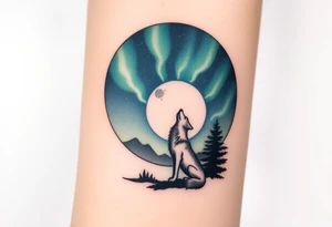 lone wolf howling at full moon with northern lights backdrop tattoo idea
