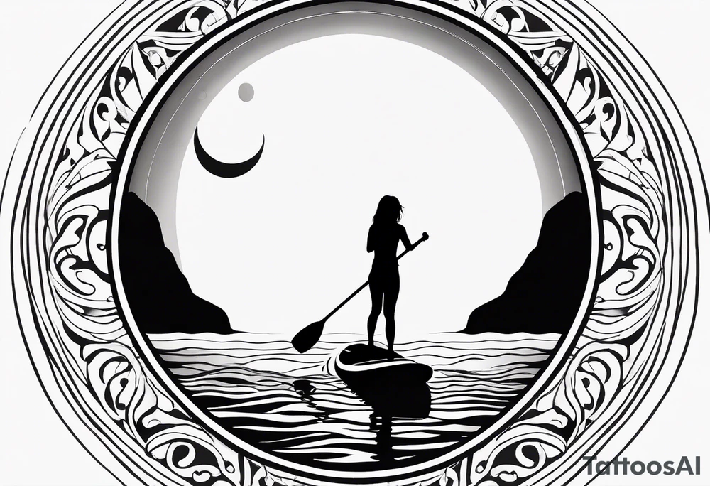 Silhouette of girl and little yorkie paddle boarding. Minimalist. Circle sun water tattoo idea