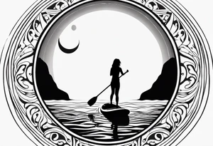 Silhouette of girl and little yorkie paddle boarding. Minimalist. Circle sun water tattoo idea